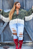 Large size long camouflage tassel coat tooling casual style Q5062