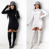 Sexy Solid Color Round Neck Zipper Long Sleeves Bodycon Dress K2045