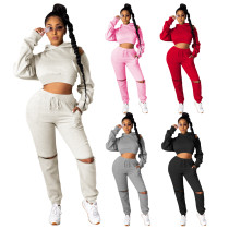 Fashion Solid Color Zipper Long Sleeves Hooded Mini Sweater With Drawstring Trousers Two Piece Sets