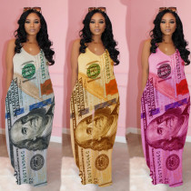 Women's US Dollar Print Suspender Dress MAXI DRESS with Pocket LML115