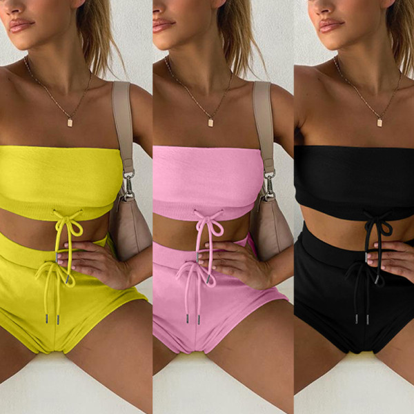 Sexy tube top shorts two piece set Europe and America high waist drawstring shorts suit women AM656
