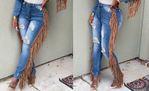 Casual Acid Washes Tassel Pants Women Ripped Jeans DMM8113