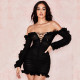 Mesh ruffled long sleeved deep V openwork lace dress FD8400