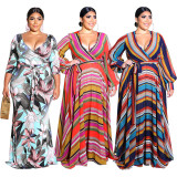 Mature Women Printing Oversize V Collar Maxi Dress X9026