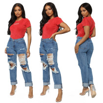 Fashion loose straight leg pants ripped washed Womens jeans JLX5115