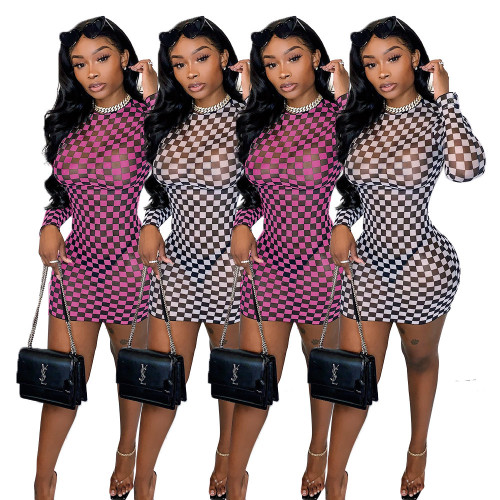 Sexy Plaid Perspective Round Neck Long Sleeves Mini Bodycon Dress MA6622
