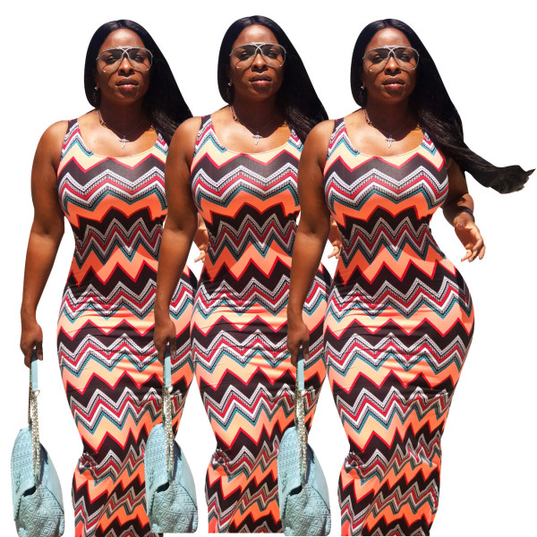 Women Leisure Printing Sleeveless Long Dresses SDD9012