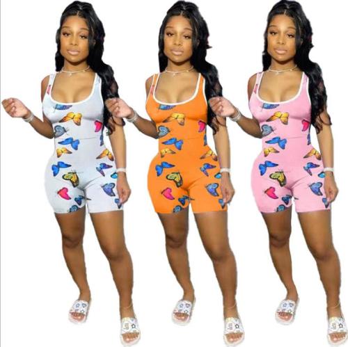 Sexy Butterfly Printed Suspenders Square Collar Bodycon Jumpsuit MS8008
