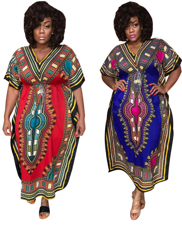 National Style Printing Blouse V Neck Midi Dress For Women YZ1558