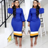 Long Sleeves Blue Bodycon Pecil Dress OMM1014