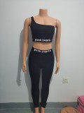 Sexy Letter Printed One Shoulder Mini Top With Trousers Two Piece Set FF1031