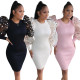 Women\'s Sequin Patchwork Mesh Puff Sleeves O Neck Slim Dress QQM3921