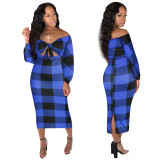 Wholesale Women's Wear Checks Off Shoulder Split Dress QQM3909
