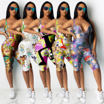 Chest zip cartoon print urban casual 5-color jumpsuit ALS177