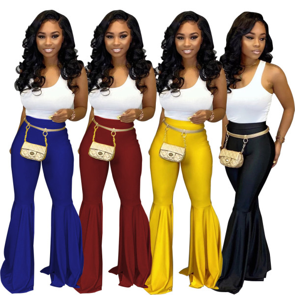 Solid Color Leisure Pu Leather Flares Pants For Women BS1138