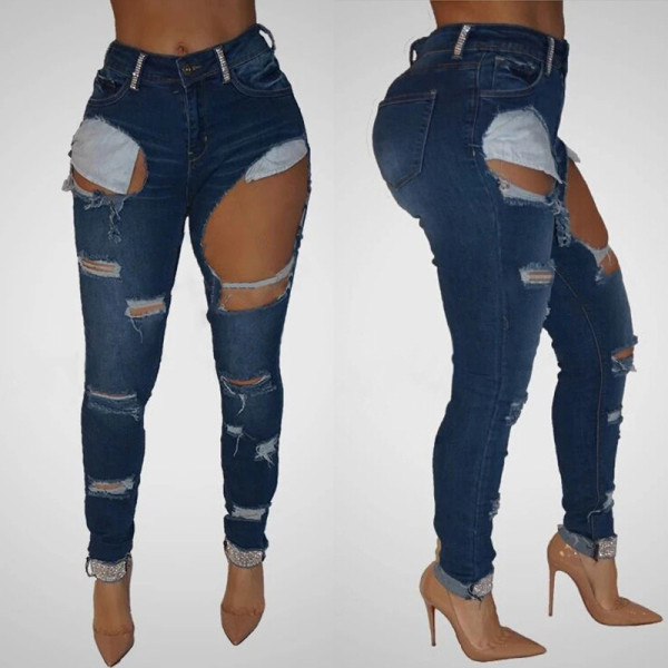 Hot rhinestone jeans sexy nightclub jeans women with big elastic holes CJ916