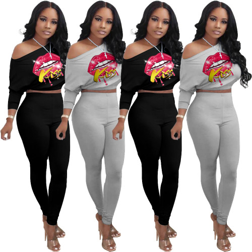 Fashion Pattern Slash Neck Long Sleeves Mini Top With Trousers Two Piece Set HY5177