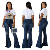 Printing Short Sleeves T Shirt Denim Ripped Flares Pants JLX8908