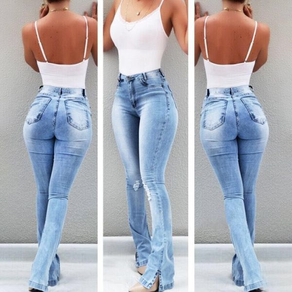 High waist, foot opening, hole, micro-la women's jeans CJ895