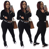 Casual Black Sport Suits Long Sleeves Tight Leggings T3293H