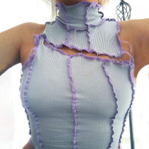 Fashion Knitting Half High Neck Sleeveless Stitching Top T1738434