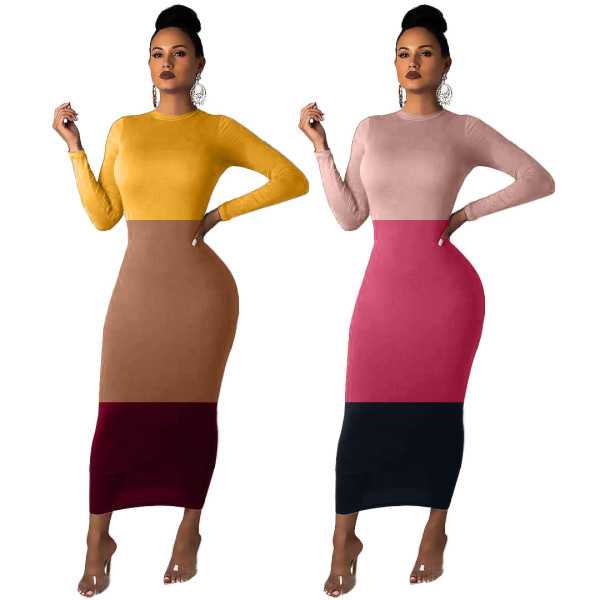 Cheap Long Sleeves Color Block Bodycon Ankle Length Dress MD247