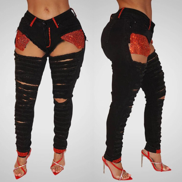 Black ripped jeans sexy hot drilling jeans women CJ915