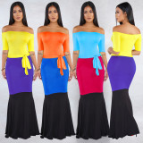 Online Sale Women Flat Shoulder Color Block Maxi Dress ALS129