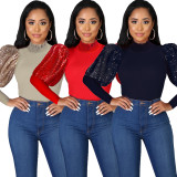 Women's Solid Color Puff Sleeves Sequin Patchwork Tops Blouse HY5132