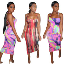 Hollow sexy strap graffiti print dress fashion temperament one-step skirt women SN3744