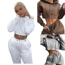 Casual Solid Color Long Sleeves Hooded Cropped Sweater With Trousers Two Piece Sets KZ175