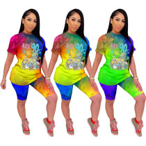 Fashion casual tie-dye cartoon printed short-sleeved shorts two-piece suit SDD9234