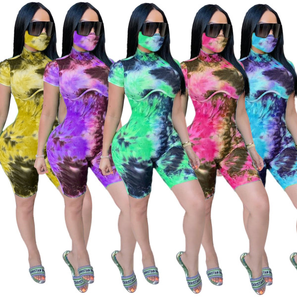 Fashion Coloring Printed Short Sleeves Bodycon Jumpsuit (Including Mask) LA3189