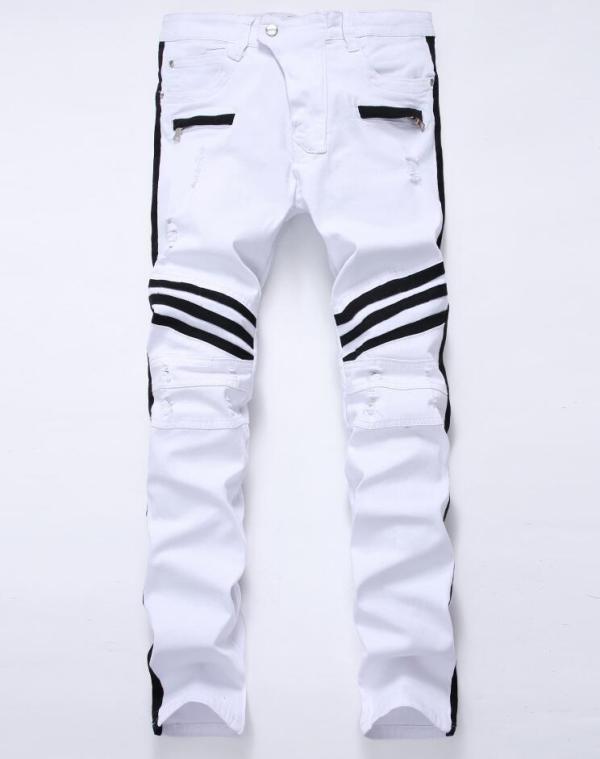 White zipper jeans black trim sticks Slim stretch hole TX0103