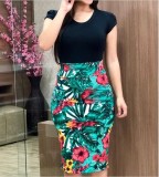 Fashion Solid Color Patchwork Floral Print Bodycon Dress ZYY2403