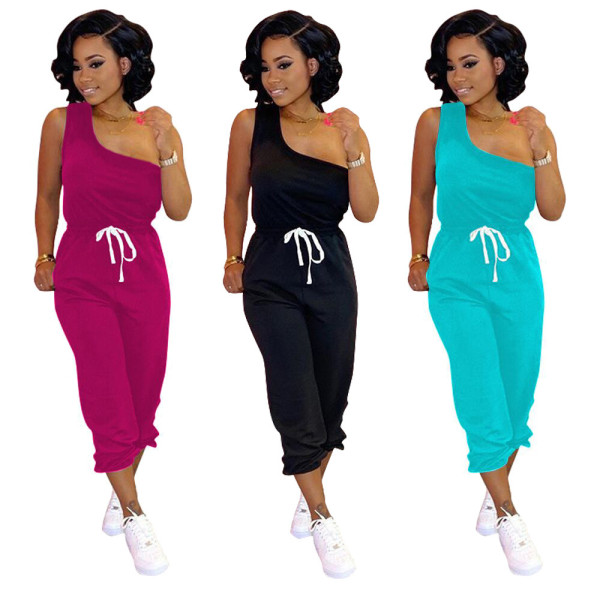 One Shoulder Top Drawstring Pants Oversize Solid Color Outfits TRS1005