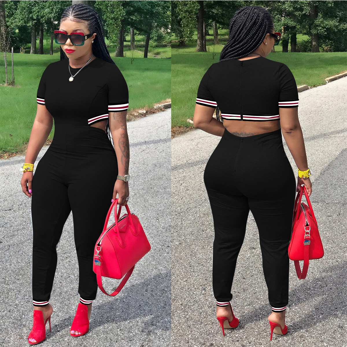 Leisure Short Sleeve Bodycon Jumpsuit With Zipper T3274H