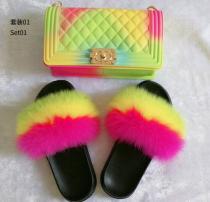 Color frosted diamond check big Chanel jelly bag with fox fur grass lady slippers set JBD00801