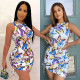 Butterfly print sexy halter neck dress with straps drawstring and face mask CYF3622