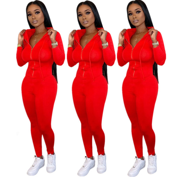 Red/Black Sport Polyester Zip Up Tight Jumpsuit For Wholesale E8472