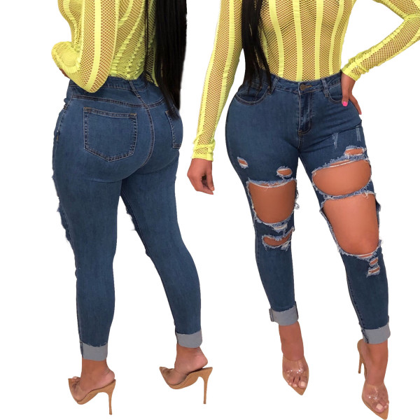 Ladies Hot Stretchy Ripped Denim Pants WY6549