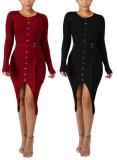 Sexy Slit Bodycon Dresses Buttons With Belts FZB-8314