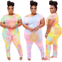 Casual Tie Dye Printed Round Neck Short Sleeves T-Shirt With Pleated Trousers Plus Size Two Piece Se
