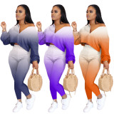 Fashion Gradient Color V-Neck Long Sleeves Mini Top With Trousers Two Piece Sets LML133
