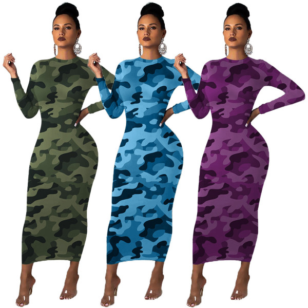 Long Sleeve Bodycon Camouflage Ankle Length Dress For Wholesale FH058