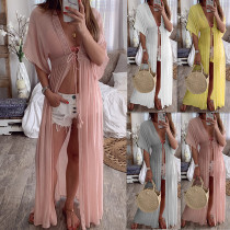 Summer lace cardigan solid color holiday style dress long skirt DY193016
