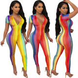 Color printed women's deep V sexy short sleeve jumpsuit YY5180