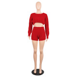 New Arrival Pure Color Sweater Suits Crop Top High Waist Shorts KF67