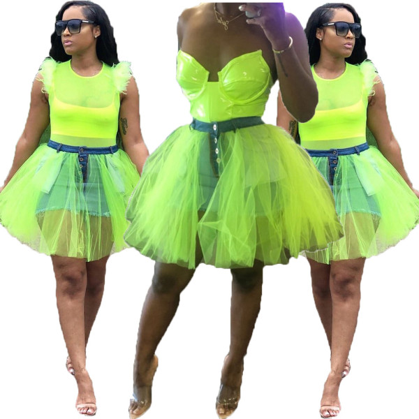Fashion Women Denim Patchwork Mesh Club Bubble Skirt OMY5138