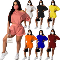 Casual Solid Color One Shoulder Short Sleeves T-Shirt With Shorts Two Piece Set R6308